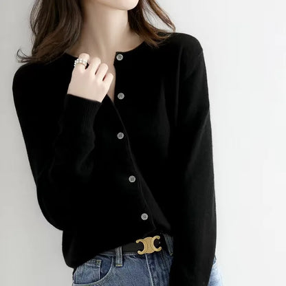 Women's Round Neck Knitted Cardigan Sweater — Solid Color Loose Slimming Top