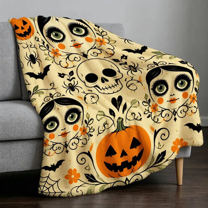 Whimsical Halloween Fleece Throw Blanket with Spooky Pumpkin Skull And Spiderweb Design Soft Warm Decorative Bed Sofa Blanket for Fall Home Decor Holiday Gifts for Friends