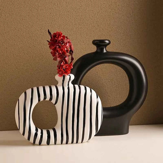 Beihanmei Creative Retro Black White Striped Ceramic Vase for Flower Arrangement Living Room Decor