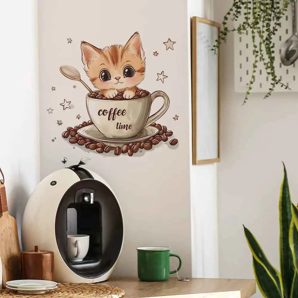 Cartoon Coffee Cup Cat Wall Sticker Cafe Background Decoration Mural Kitchen Restaurant Beautify Home Decor Self-adhesive Decals