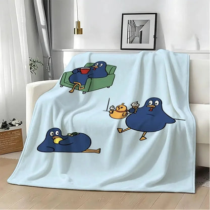 Funny Cartoon Blue Bird Series Flannel Throw Blanket Cute Bird Doing Daily Activities Cozy Soft Lightweight Blanket for Bedroom Sofa Kids Room Home Decoration