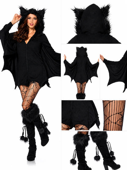 Women Cozy Bat Halloween Costume, Furry Cat Ear Hooded Zip‑Up Dress with Bat Wings, Vampire Animal Cosplay Outfit for Carnival Party