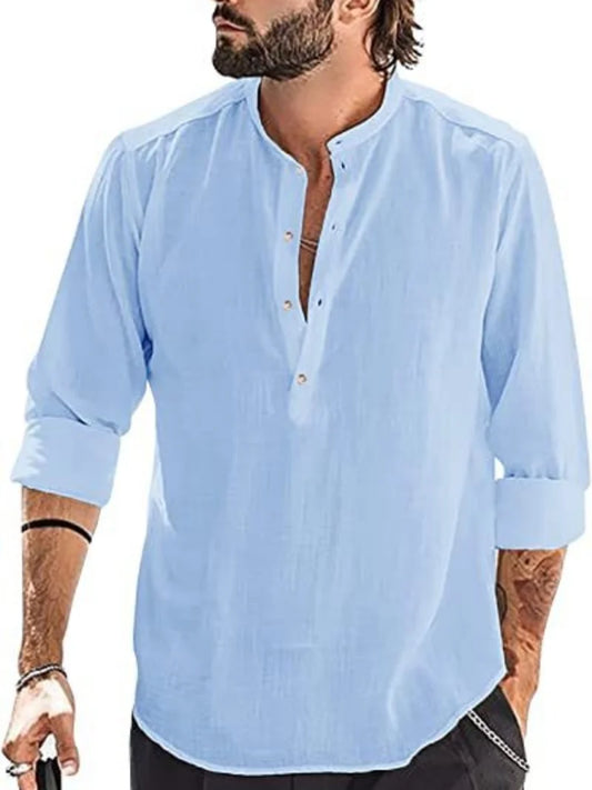 T-shirt Henley décontracté à manches longues pour homme — Col mandarin Coupe ample