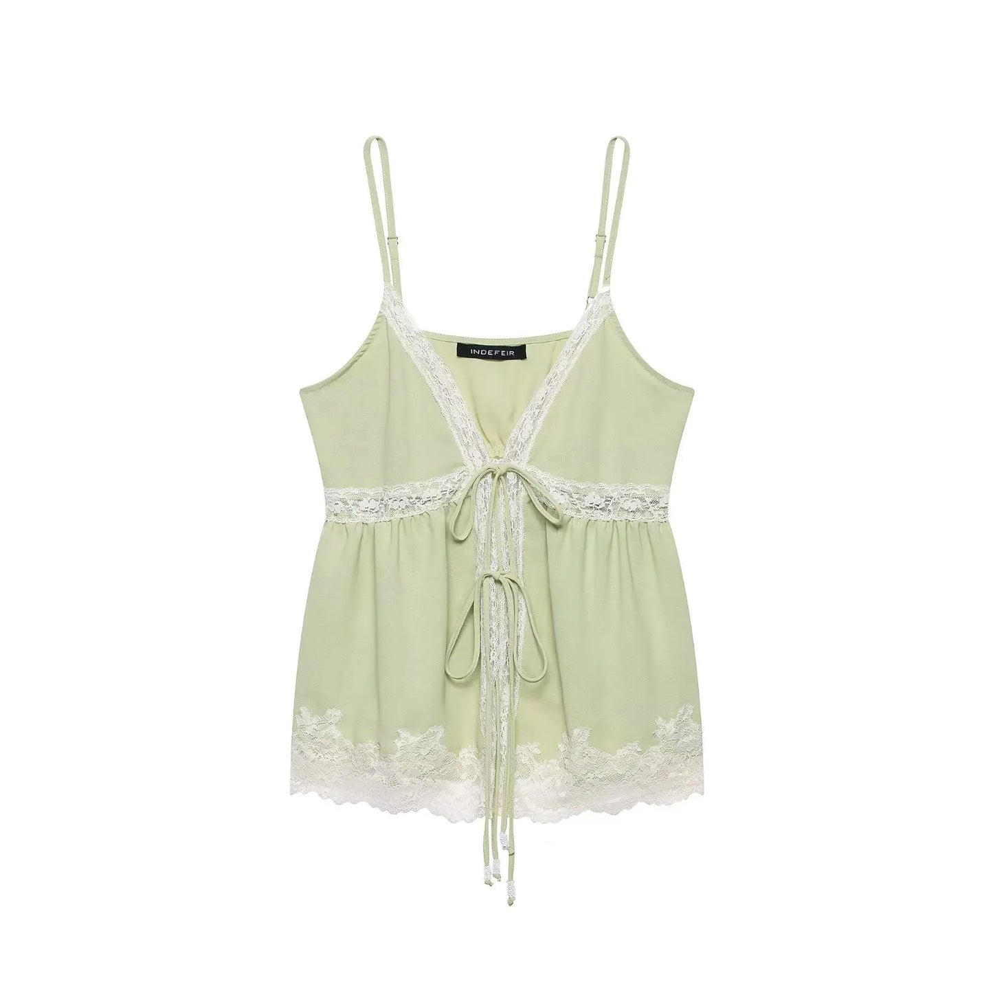 Women's Light Green Spaghetti Strap Lace Camisole Top – Sexy V-Neck Off Shoulder Backless Summer Tank