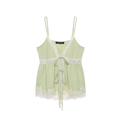 Women's Light Green Spaghetti Strap Lace Camisole Top – Sexy V-Neck Off Shoulder Backless Summer Tank