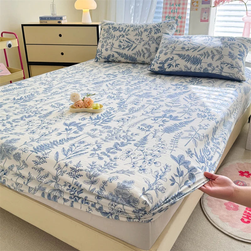 Floral Washed Cotton Fitted Sheet | Single-King