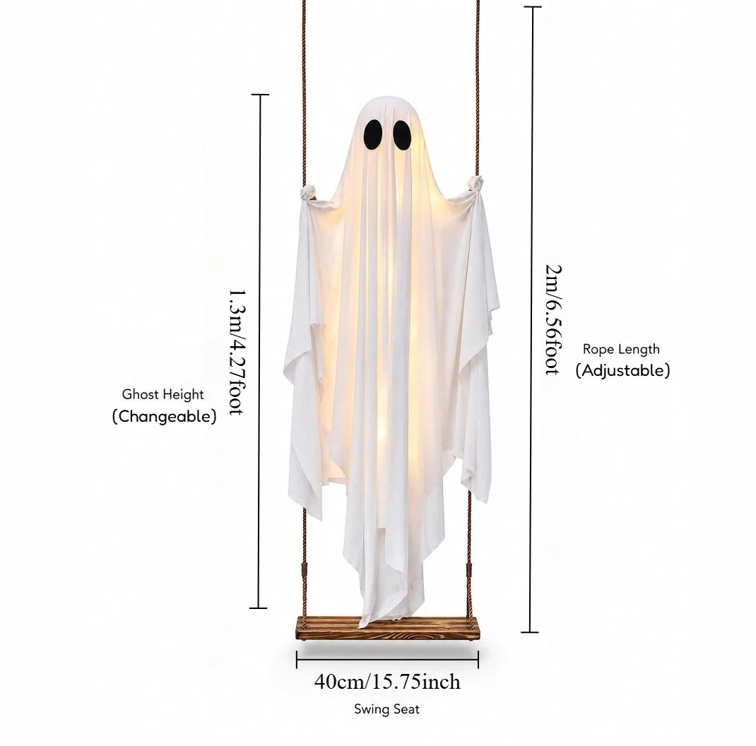 Large Hanging Swinging Ghost Halloween Decoration with LED String Lights Spooky Glowing Outdoor Decor for Front Porch Yard Party