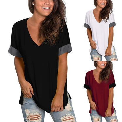 Women's V-Neck Short Sleeve Base Shirt — Solid Color Stitching Casual Top