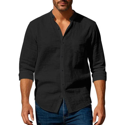 Men's Cotton Linen Henley Neck Slim Fit Shirt — Solid Color Breathable Long Sleeve Button Up