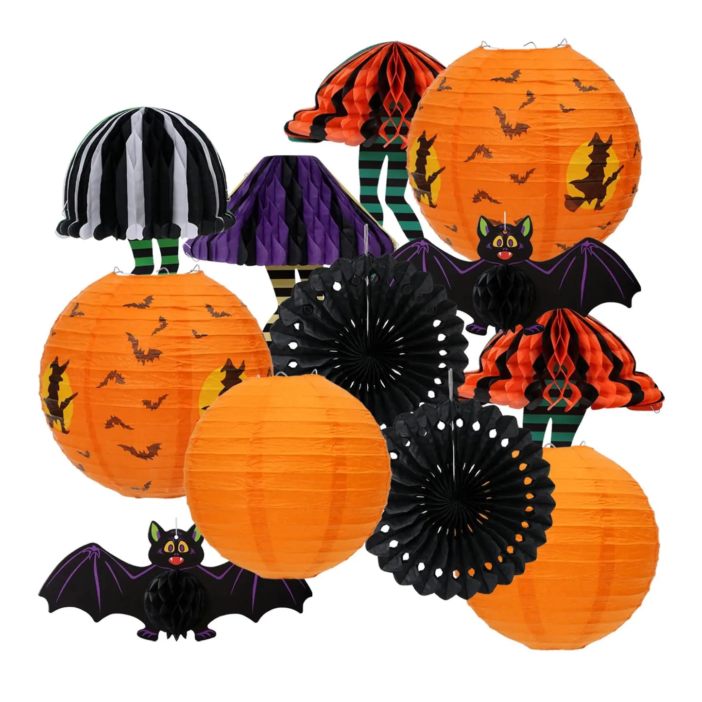 12 Pack Halloween Paper Lantern Pumpkin Set, Black Orange