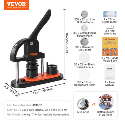 Button Maker 25/32/58 Pin Maker with Button Parts Ergonomic Arc Handle Punch Press Kit Button Maker Machine