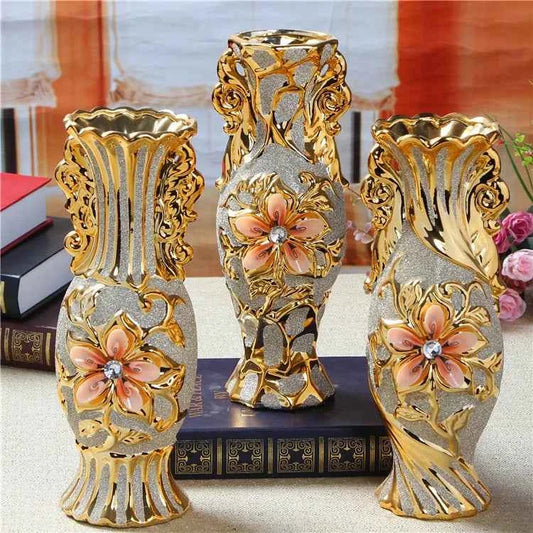 European Gold Plated Frost Porcelain Vase Vintage Advanced Ceramic Flower Living Room Ornaments Home Wedding Decor Gift