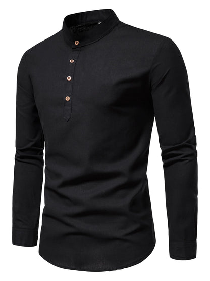 Men's Pure Cotton Slim-Fit Shirt — Elegant Long Sleeve Stand-Up Collar