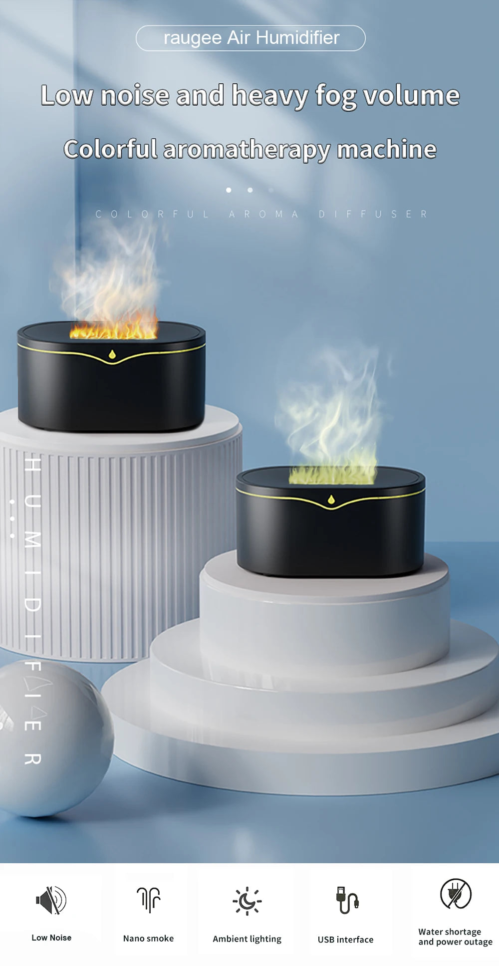Flame Aroma Humidifier with LED Light, Essential Oil Diffuser