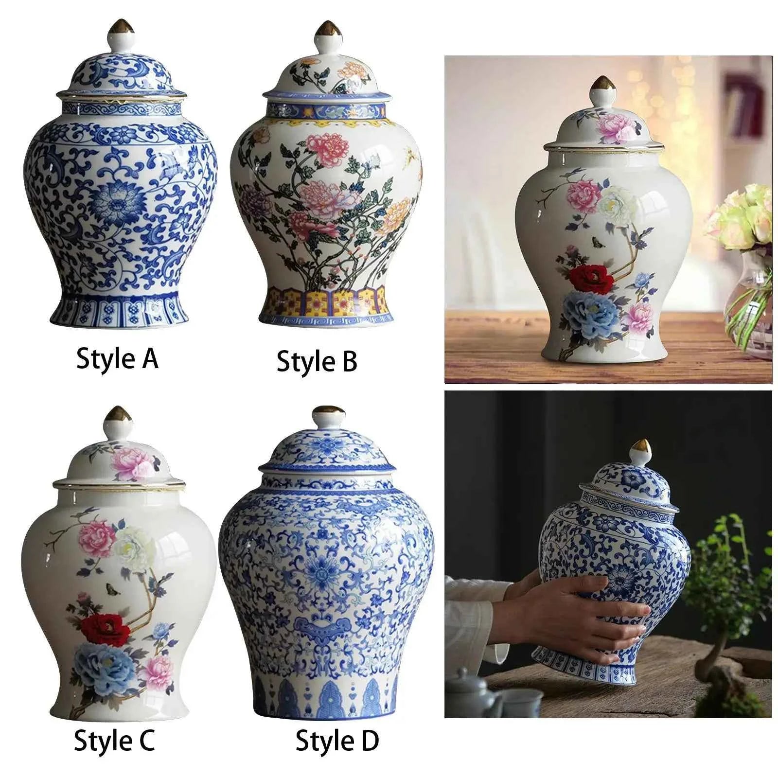 Chinese Style Ceramic Ginger Jar Beautiful Dried Flower Vase Glazed Asian Decor Chinese Blue White Vase Centerpiece Temple Jar
