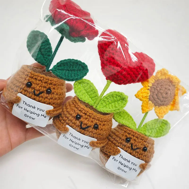 Crochet Flower Artificial Tulip Potted Finished Hand Woven Plants Knitted Sunflower Wedding Gift for Guests Home Decoration