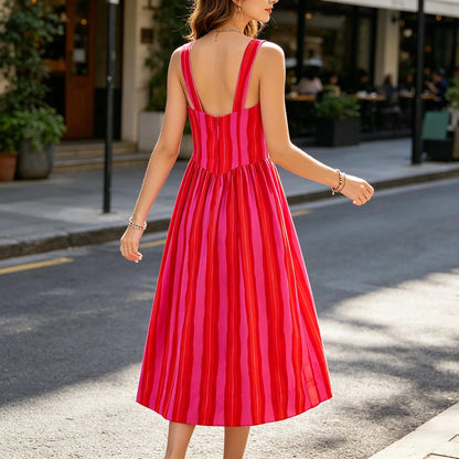 Women's Stripe Knot Waist Sleeveless Dress – Elegant Fairy Skirt for Citywalk & Summer Outings