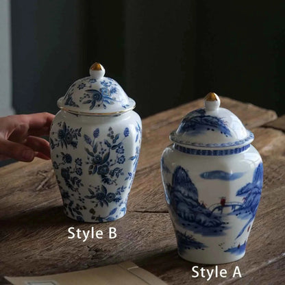 Ceramic Tea Jar with Lid Blue White Porcelain Light Luxury Vase for Dining Room Wedding Centerpiece Table Decoration Home Decor