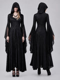 Women Gothic Witch Hooded Maxi Dress Bell Long Sleeve Jacquard Mesh V‑Neck Button Front Floor‑Length Gown Halloween Cosplay Costume for Party Carnival
