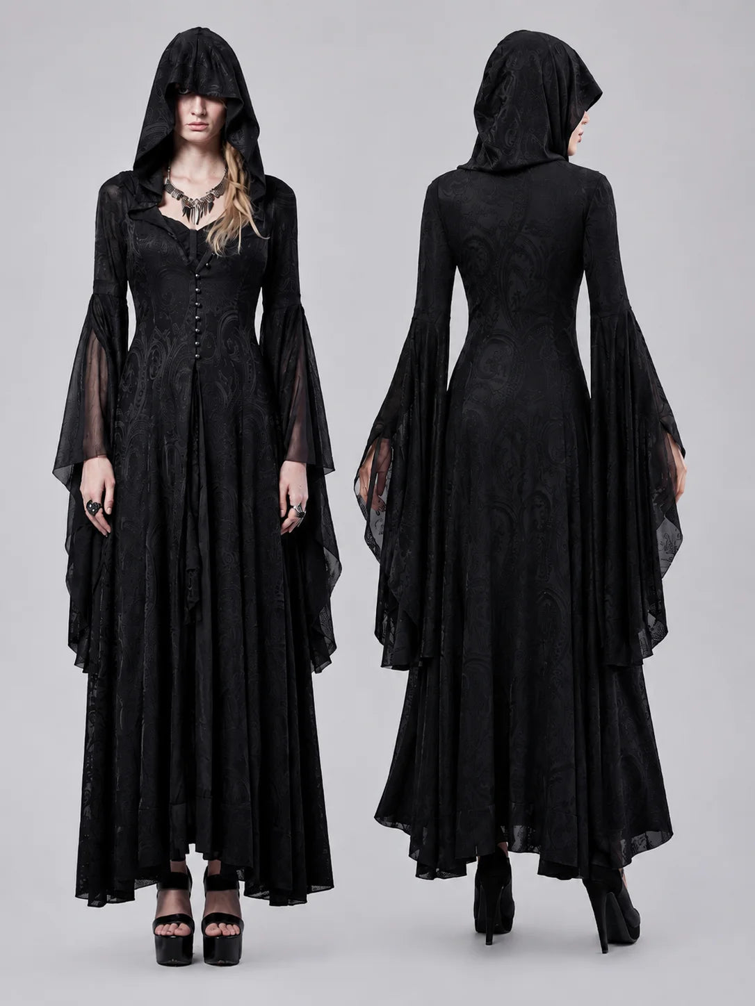 Women Gothic Witch Hooded Maxi Dress Bell Long Sleeve Jacquard Mesh V‑Neck Button Front Floor‑Length Gown Halloween Cosplay Costume for Party Carnival