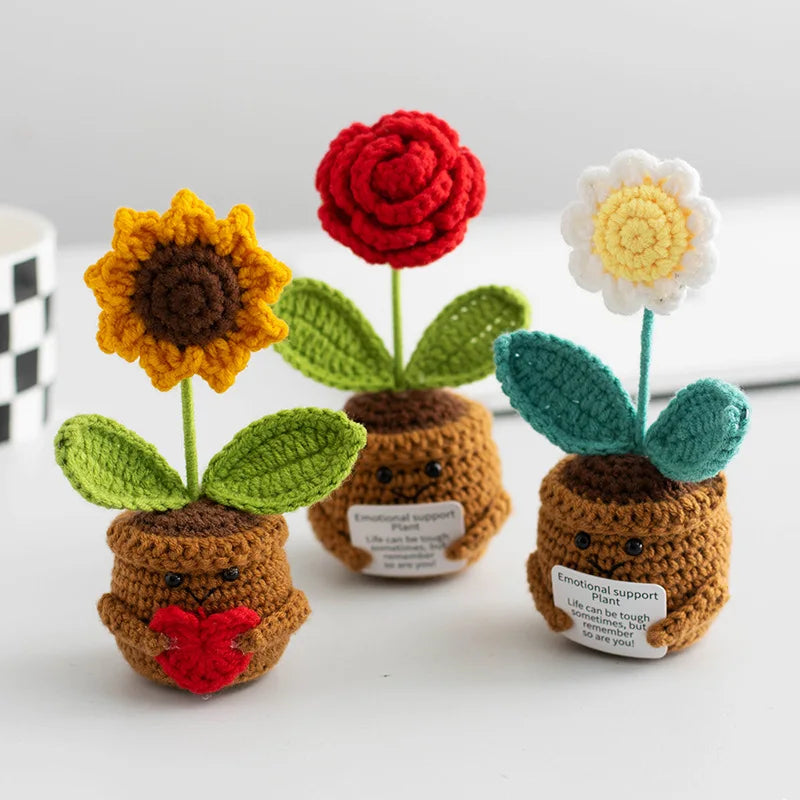 Crochet Flower Funny Positive Emotional SupportPotted Plant for Cheer Up Gifts Sunflower Flowers for Home Room Desk Decoration