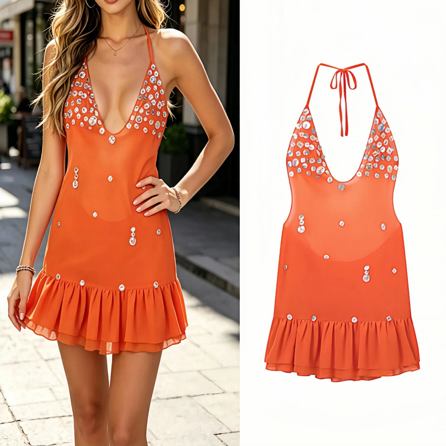 Women's Sexy Backless Halter Maxi Dress – Deep V-Neck Ruffle Hem Flowy Resort Vacation Dress