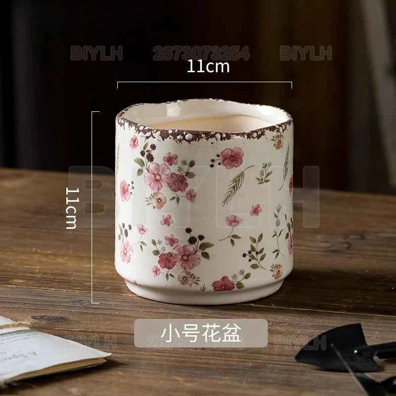 Retro Ceramic Flower Pot Indoor Home Decor Porous Breathable Flower Vase Pastoral Style Plants Potted Plants Tabletop Ornament