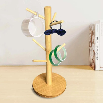 Mug Tree Holder - Bamboo Coffee Cup Rack with 3/6 Hooks, Non-Slip Kitchen Organizer for Counter, Perfect for Home & Cafe Decor