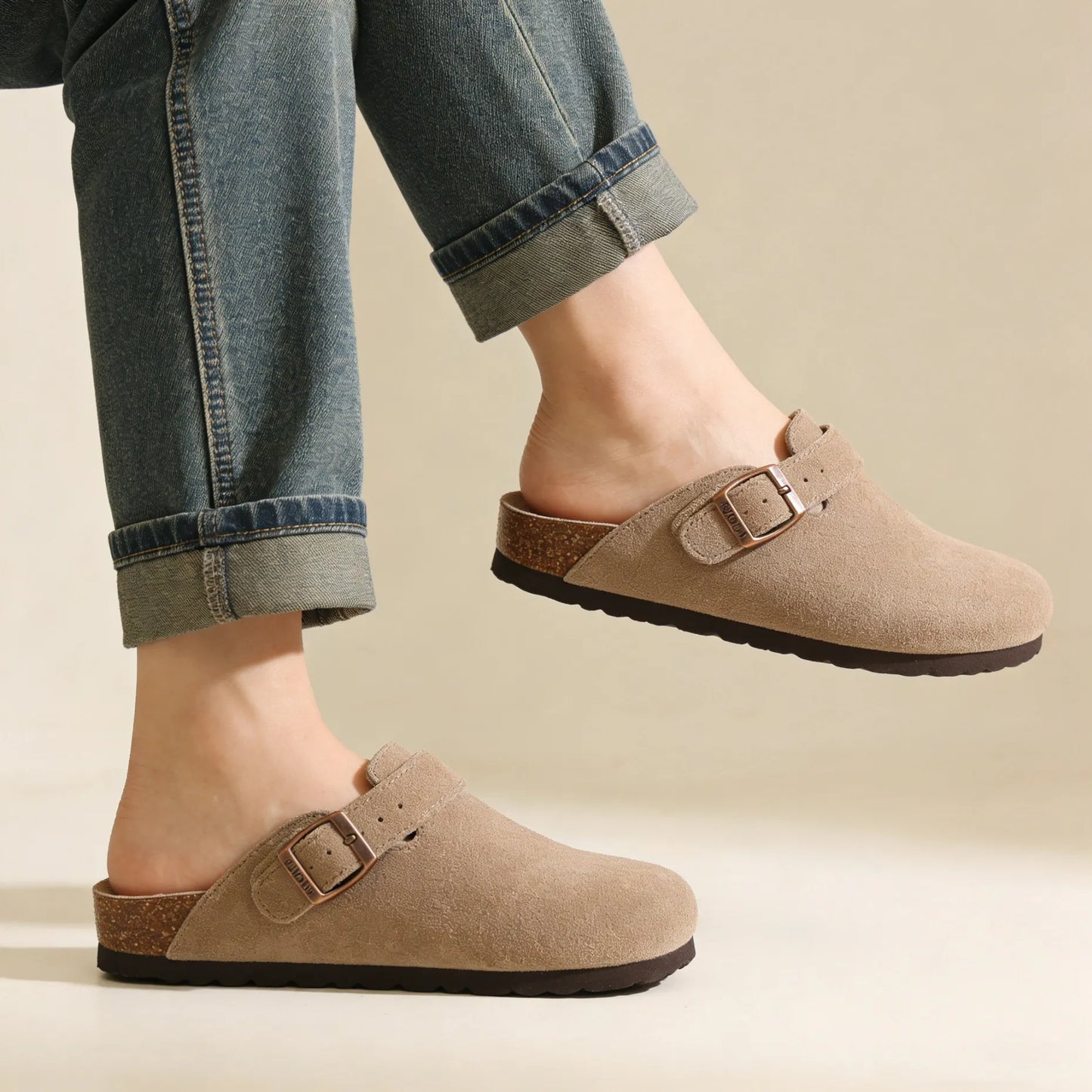 Crestar Women's Suede Clogs with Arch Support – Cork Footbed Leather Mules