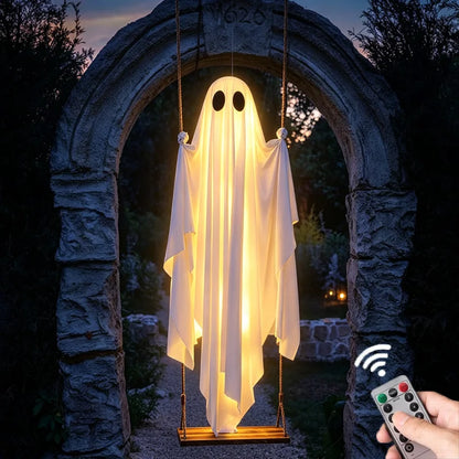 Large Hanging Swinging Ghost Halloween Decoration with LED String Lights Spooky Glowing Outdoor Decor for Front Porch Yard Party