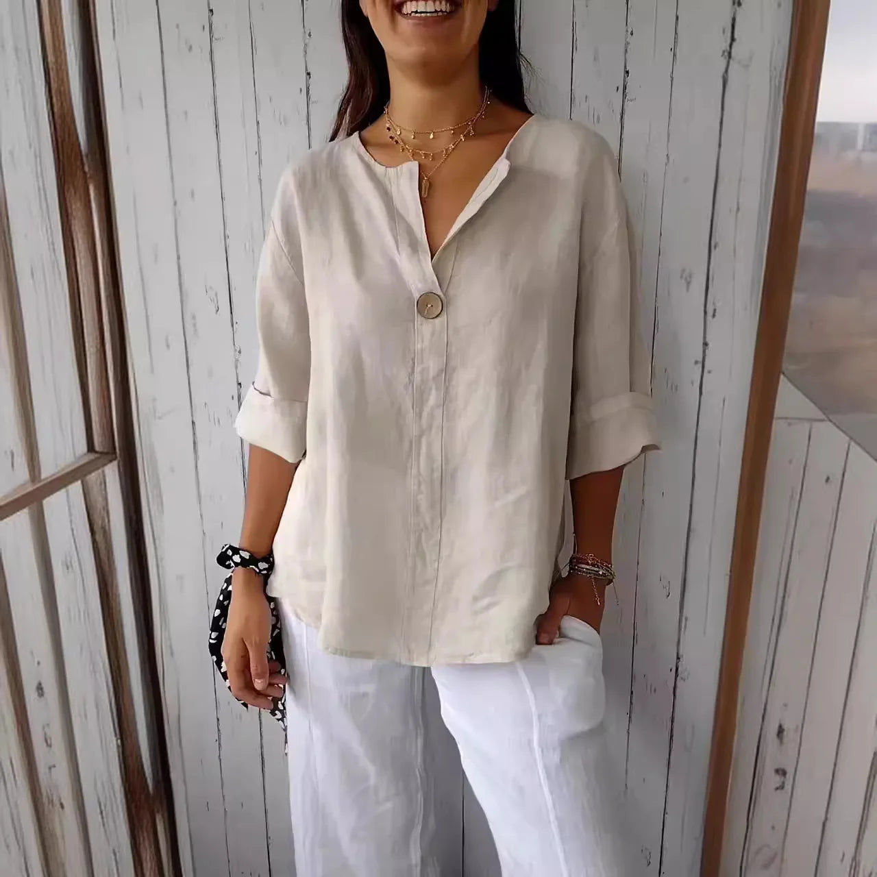 VEITCHE Women's V-Neck Button Shirt — 3/4 Sleeve Cotton Linen Top