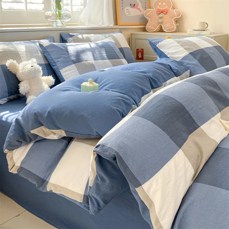 3/4 Pcs Blue Checkered Bedding Set Simple Style Soft Skin Friendly Duvet Cover Flat Sheet and Pillowcases Single Double Bed Sets