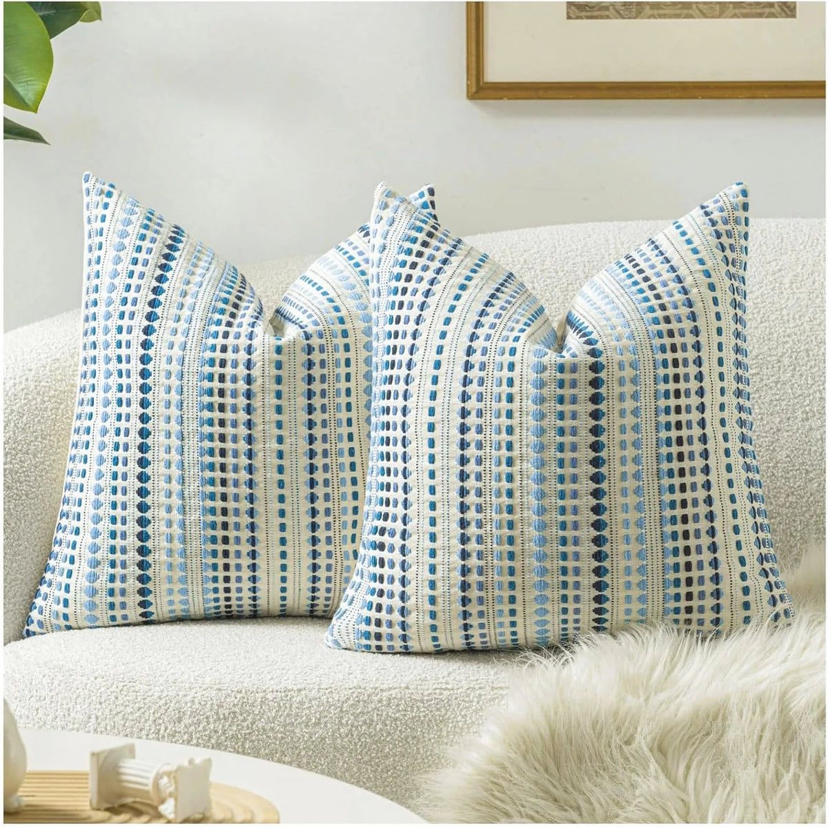 Blue Boho Striped Chenille and Linen Cushion Cover