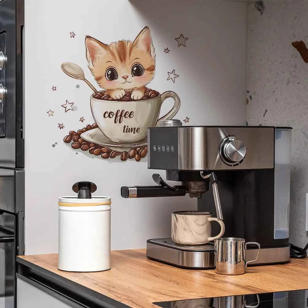 Cartoon Coffee Cup Cat Wall Sticker Cafe Background Decoration Mural Kitchen Restaurant Beautify Home Decor Self-adhesive Decals