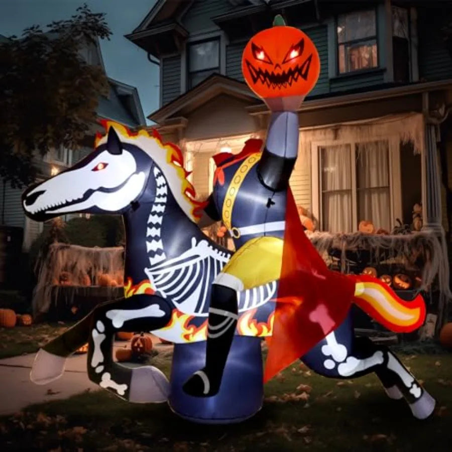 9 Ft Halloween Inflatable Headless Horseman Outdoor Decorations, Day of The Dead Blow Up Yard Decor with Built-in LED Light Plu