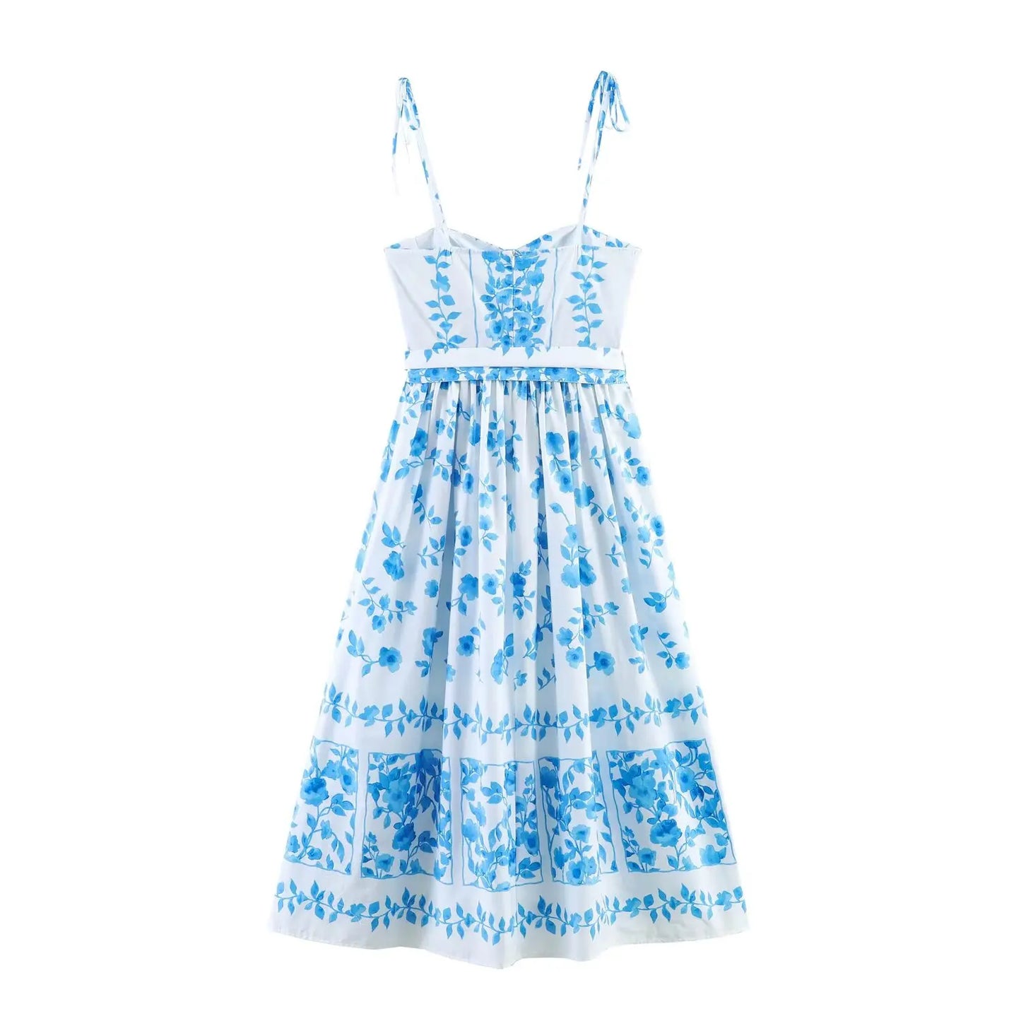 Women Blue Print Cami Dress 2026 Summer Sexy Sashes Bow Midi Dress Beach Holiday Long Fashion Female Vestidos