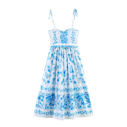 Women Blue Print Cami Dress 2026 Summer Sexy Sashes Bow Midi Dress Beach Holiday Long Fashion Female Vestidos