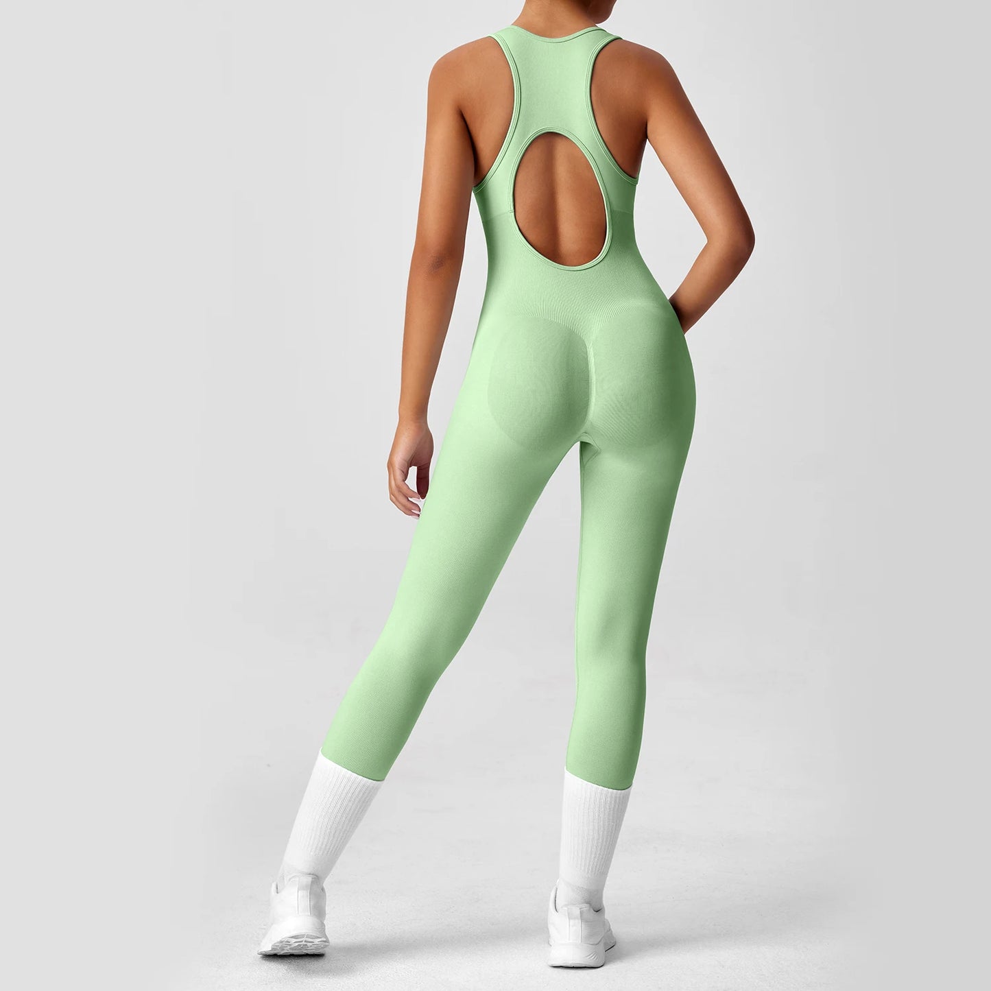 Women's V-Back Seamless Yoga Bodysuit — Peach Booty Tummy Control One-Piece Jumpsuit