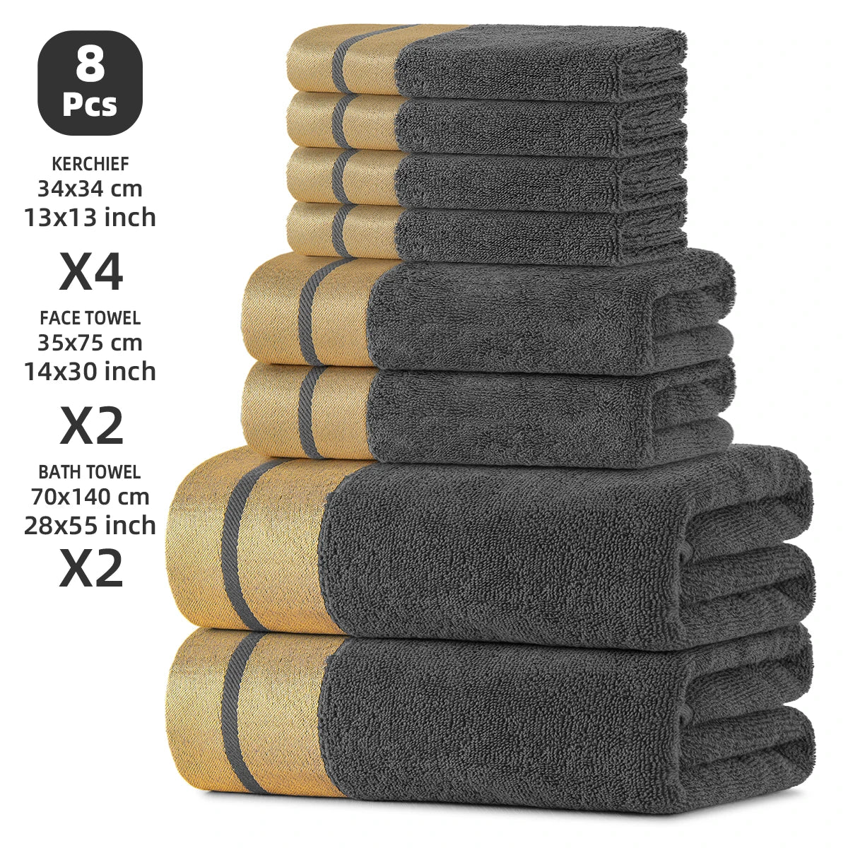 8-Piece Luxury Pure Cotton Bath Towel Set, 2 Bath Towels + 2 Face Towels