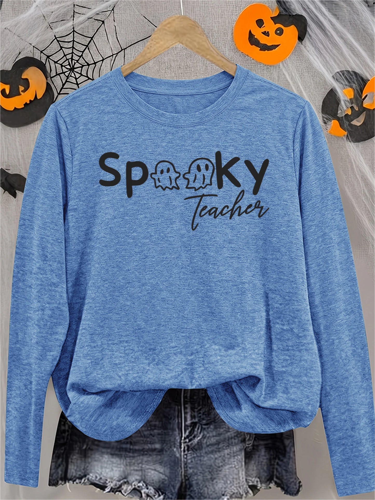 Women's Spooky Teacher Long Sleeve Crew Neck T-Shirt with Ghost Print, Cute Soft Horror Funny Halloween Gift, Casual Athletic Vacation Top