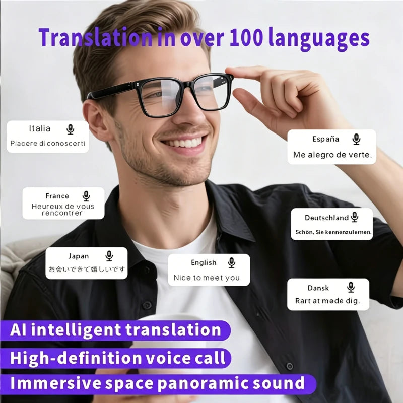 AI Translation Smart Glasses – 100+ Languages, Blue-Light Blocking, Magnetic Clip-On, 360° Stereo