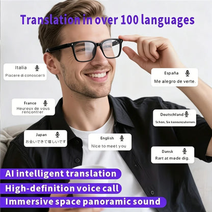 AI Translation Smart Glasses – 100+ Languages, Blue-Light Blocking, Magnetic Clip-On, 360° Stereo