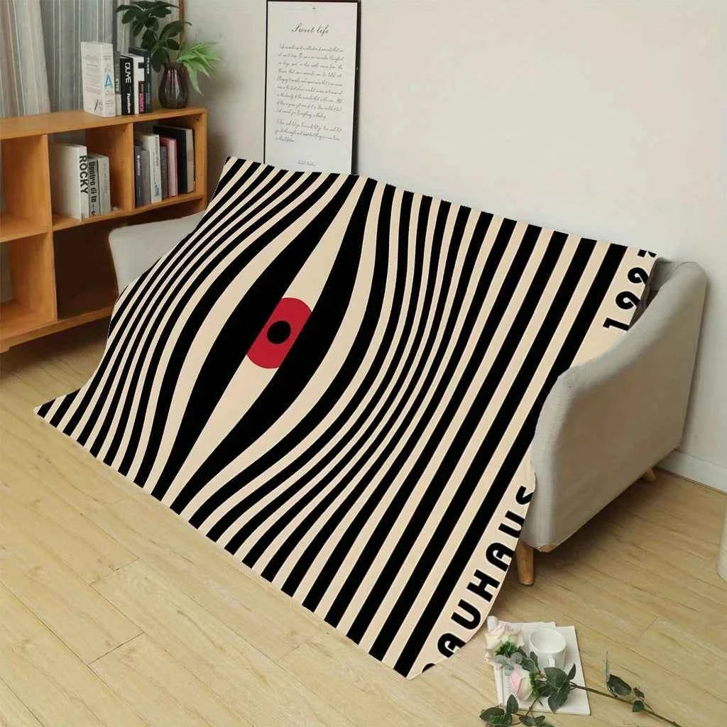 Bauhaus Eye Flannel Blanket Retro 1923 Striped Pattern Red Black Beige Color Scheme Artistic Throw For Sofa Couch Living Room