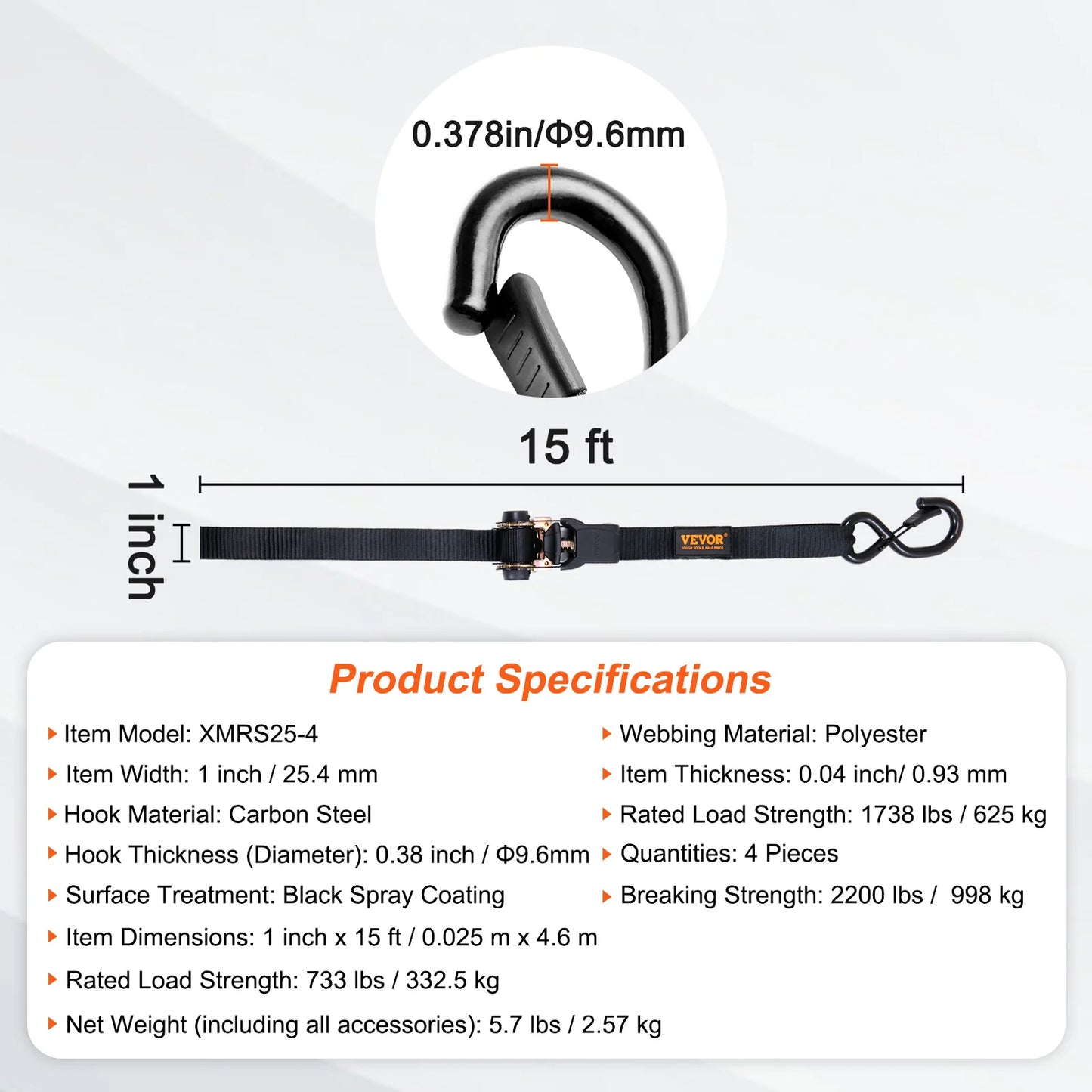 4pcs Trailer Ratchet Tie Down Straps with Padded Handles Hook Brake Belt for Securing Cargo Motorcycle