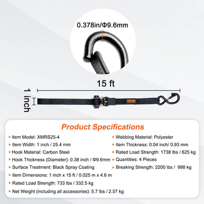 4pcs Trailer Ratchet Tie Down Straps with Padded Handles Hook Brake Belt for Securing Cargo Motorcycle