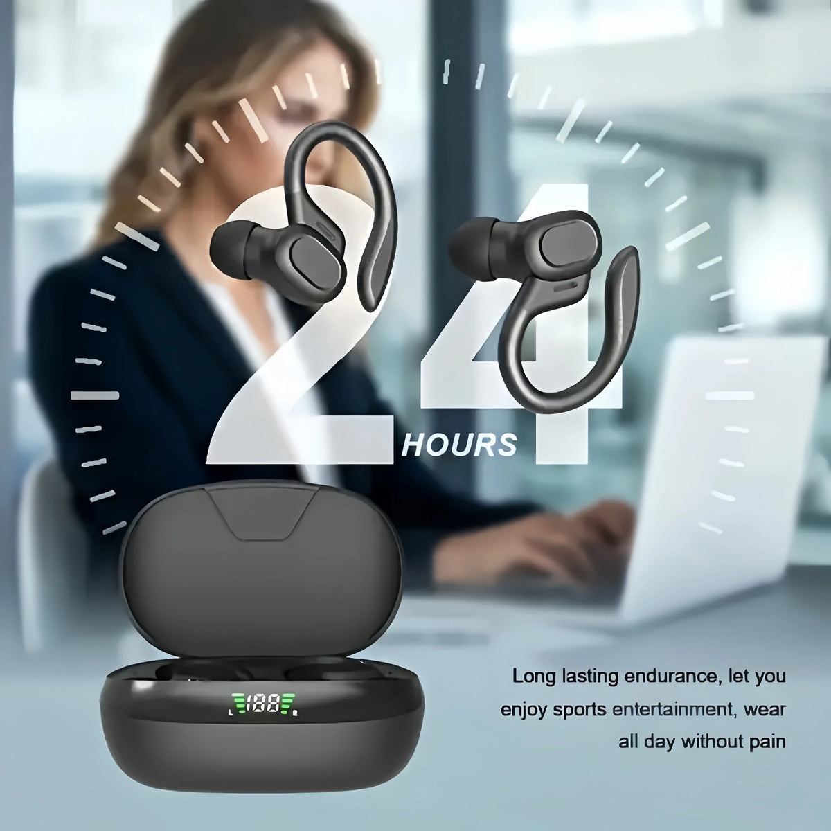 True Wireless Earbuds – Ear Clip Sport Design, Stereo Sound, Mic & LED Display