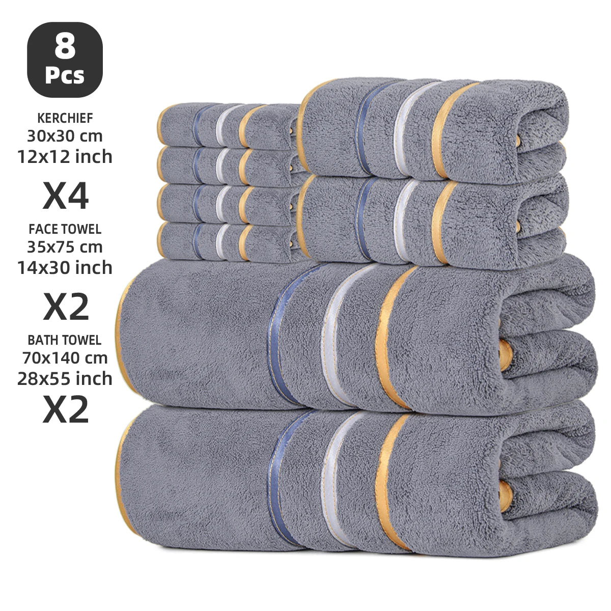 8-Piece Towel Set, 2 Bath Towels + 2 Hand Towels + 4 Face Towels, Soft