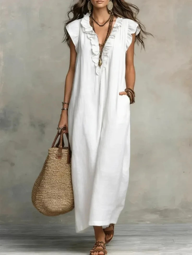 Women's Bohemian Ruffle Linen Maxi Dress — V-Neck Sleeveless Beach Dress with Pockets