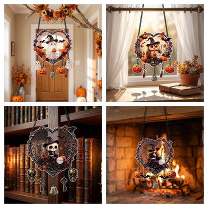 Halloween Heart Wreath Acrylic Hanging Decor, 2D Ghost Owl Ornament, Cute Spooky Halloween Wall Door Hanging Sign, Festive Gothic Home Decoration