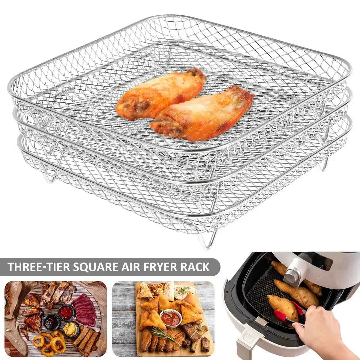 3-layers Air Fryer Rack Stackable Grilling Rack Stainless Steel Airfryer Oven Grill Steamer Cooker Kitchen Accessories Cooking